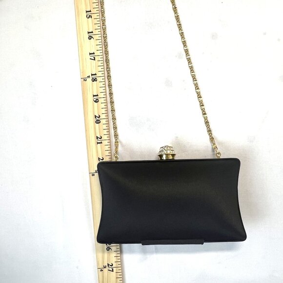 Rhinestone Clasp Classic Preppy Black Satin Clutch Purse Gold X Body Chain Strap - Picture 5 of 12